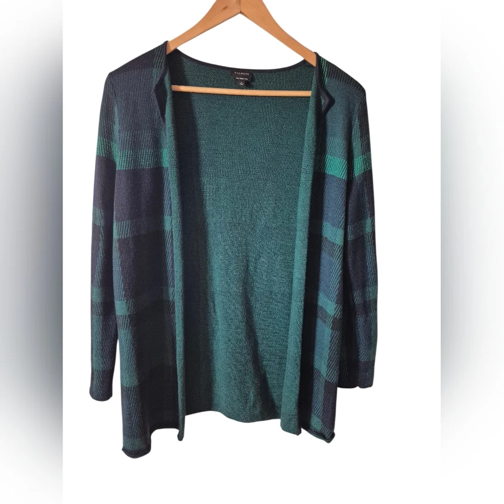 Talbots Merino Wool Plaid Cardigan Sweater Open Front Green Blue Women's Large L - Picture 3 of 6